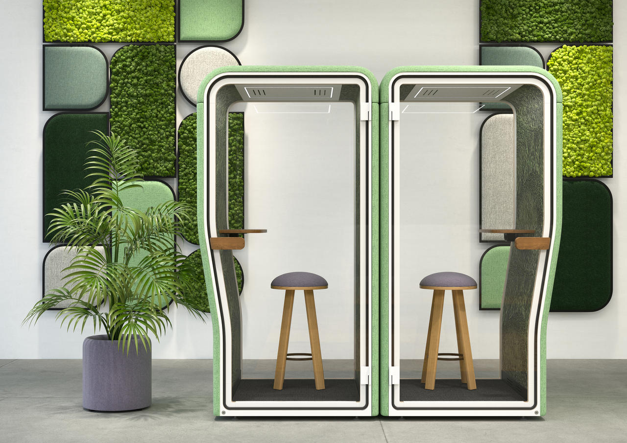 Telefonbox in modernem grauem Bürodesign für ungestörte Calls